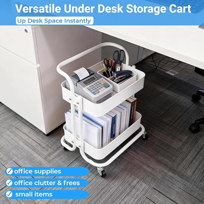 2 Tier Cart with Wheels Under Desk Storage with Handle, Metal Rolling Pantry Cart for Kitchen White Small Rolling Basket for Laundry Room Bathroom, Utility Shelf Organizer for Small Space