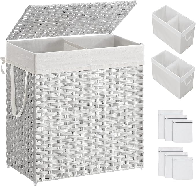SONGMICS Laundry Hamper with Lid, 110L Double Wicker Basket, 6 Mesh Bags by Unknown