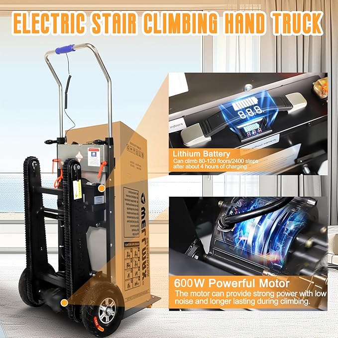 Electric Stair Climbing Dolly, 661lb 600W Powered Electric Stair Climbing Hand Trucks Dolly Cart with Rubber Tracks for Moving, Heavy Duty Stair Climber (Pure Black)