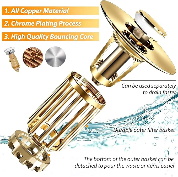 Anlige 3 in 1 Pop Up Bathroom Sink Stopper, Bathroom Sink Drain Strainer - Image 6