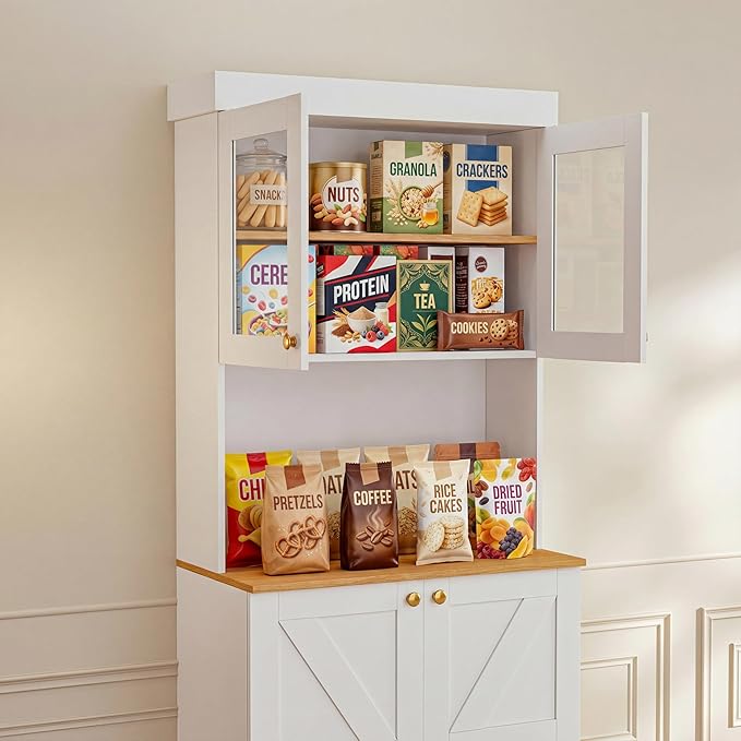 71" Farmhouse Kitchen Pantry Cabinet Set of 3, White Freestanding Coffee Bar Hutch with Glass Doors, Drawers & Adjustable Shelves, Large Storage Cabinet with Microwave Stand for Kitchen