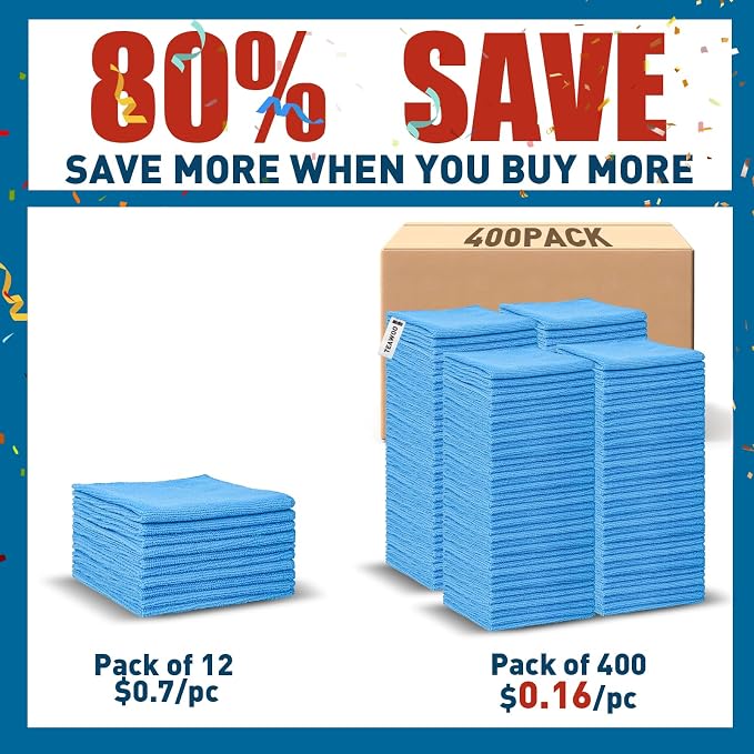 TEAWOO Blue Microfiber Towels Bulk-400 Pack, Cleaning Cloths Bulk | Microfiber - Image 2
