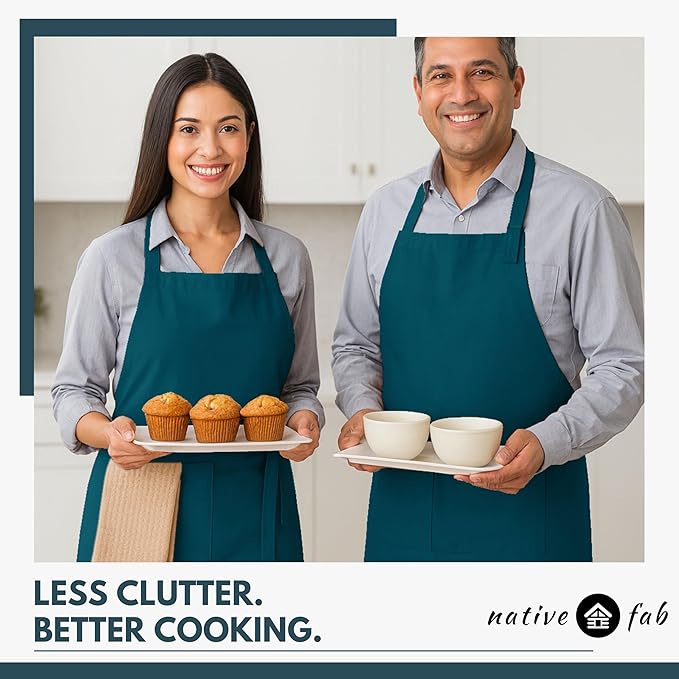 Native Fab Kitchen Apron 2 Pack - 100% Cotton Adjustable, Durable Apron with Pockets, Perfect for Cooking, Baking, Grilling