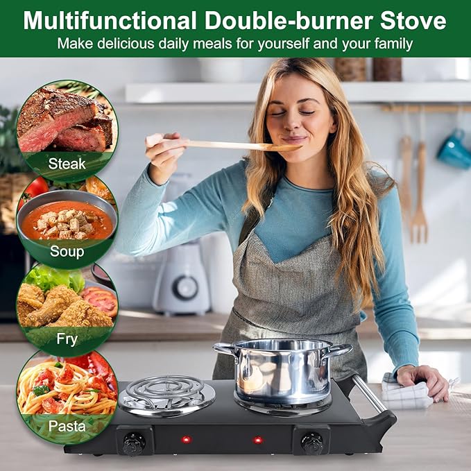 Portable Stove Electric, 2000W Double Burner Electric Cooktop with Coil Hot Plate & Stay Cool Handles, 5 Level Temperature Control, Cooking Stove for Home RV Camping