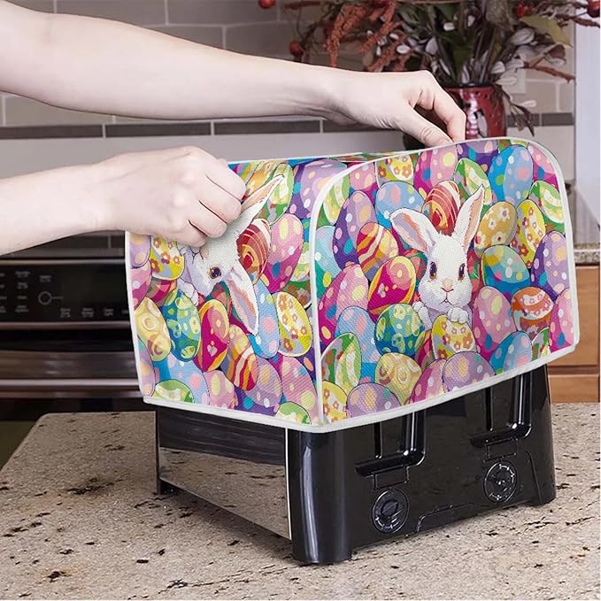 UNICEU Easter Colorful Eggs Cute Rabbit 4 Slice Quilted Toasters Cover, Dust-proof Toasters Cover Bread Maker Cover Kitchen Small Appliance Dust Cover