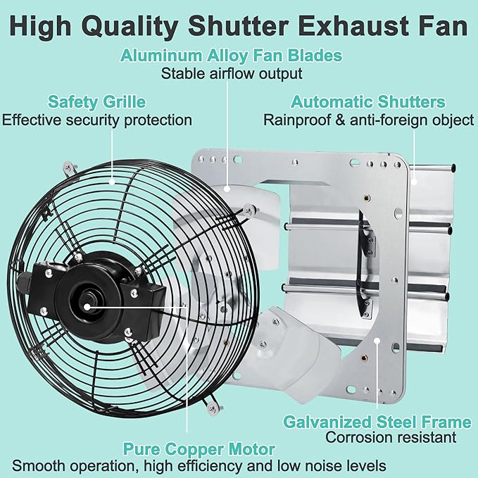 12 Inch Shutter Exhaust Fan with Speed Controller and Power Cord, Wall Mount Attic Fan for Greenhouses, Sheds, Garages, Chicken Coops, Barns Ventilation, 970 CFM