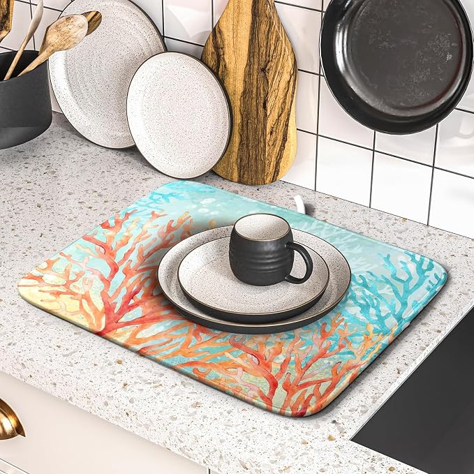 Giwawa Coastal Coral Dish Drying Mat Beach Ocean Drainer Rack Mat 16x18 Inch - Image 5