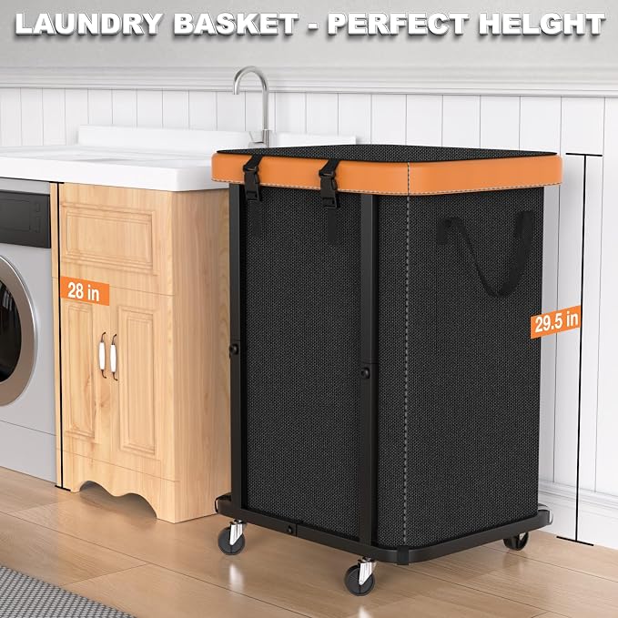 Laundry Hamper with Wheels, 150L Leather Patchwork Clothes Hamper Black - Image 4