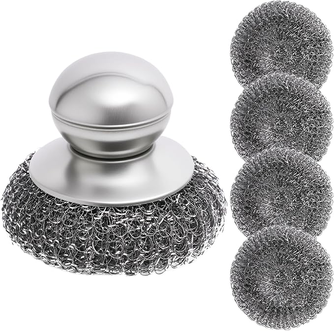 Steel Wool Scrubber with Handle, 5Pcs Stainless Steel Scrubber Set, Metal Pan & Pot Cleaner for Cast Iron, Grill, Stove, Oven, Sink, Stubborn Messes (1 Handle +4 Pads)