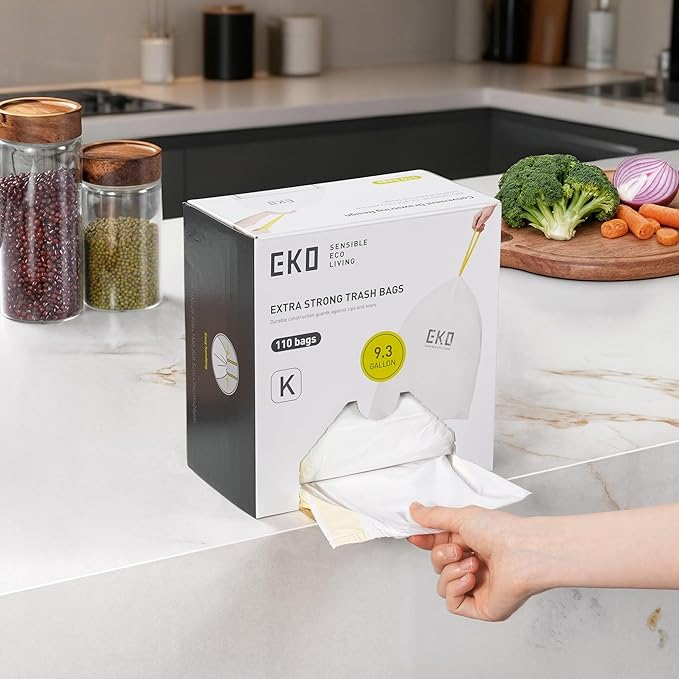 EKO 9.3 Gallon / 30–35 Liter Drawstring Trash Bags, 110 Count Heavy-Duty Tall Kitchen Garbage Can Liners, Extra-Strong Leak-Resistant, Unscented, White, Code K
