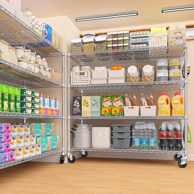 PrimeZone 4 Tier 55.5" Wx24 Dx76 H Wire Shelving with Wheels 2400lbs NSF Certified Storage Shelves Heavy Duty Metal Shelf Adjustable Rolling Rack Commercial Garage Restaurant Warehouse Chrome 2Pack