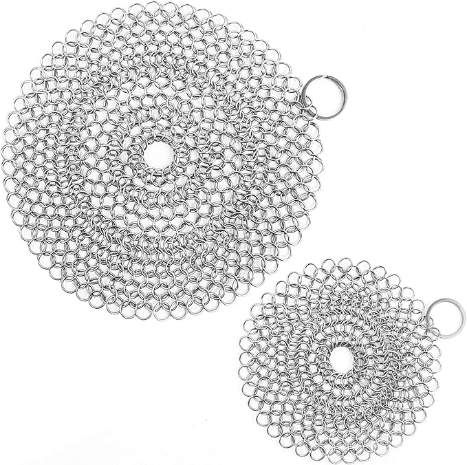 Cast Iron Skillet Cleaner Chainmail,2 Pack Premium Stainless Steel Chain Maille Scrubber for Cast Iron Pans,Stainless Steel,Glassware(7IN &5IN Round)