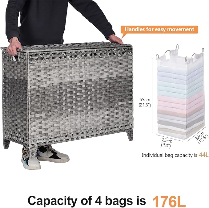 Laundry Hamper with 4 Removable Liner Bags, 176L Laundry Sorter with Lid - Image 4