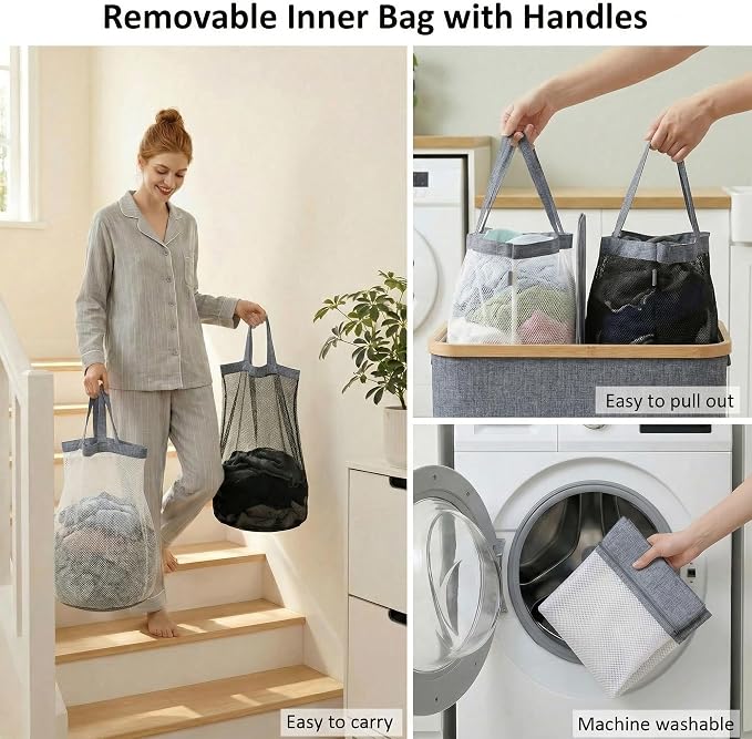 efluky Laundry Hamper with Lid, Double Laundry Basket with 2 Removable Bags - Image 4
