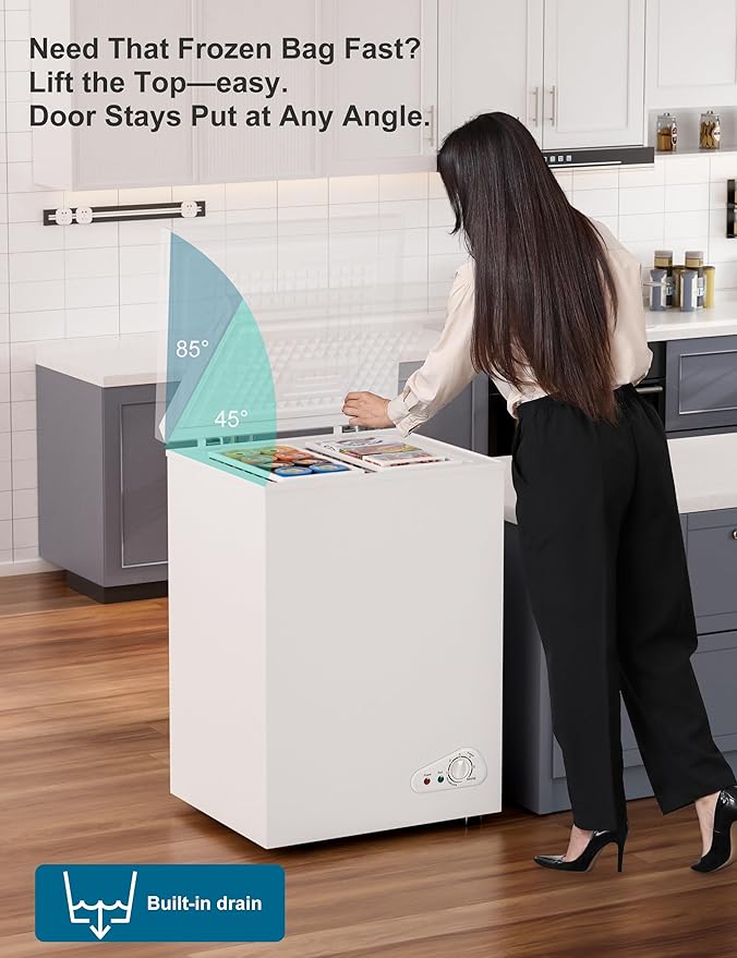 5.0 Cu.Ft Chest Deep Freezer with 2 Removable Baskets, Energy Efficient (0.41kWh/24H), <40dB Ultra-Quiet, 6 Temp Control, Manual Defrost, Free Standing Top Open Door for Home Garage Basement, White