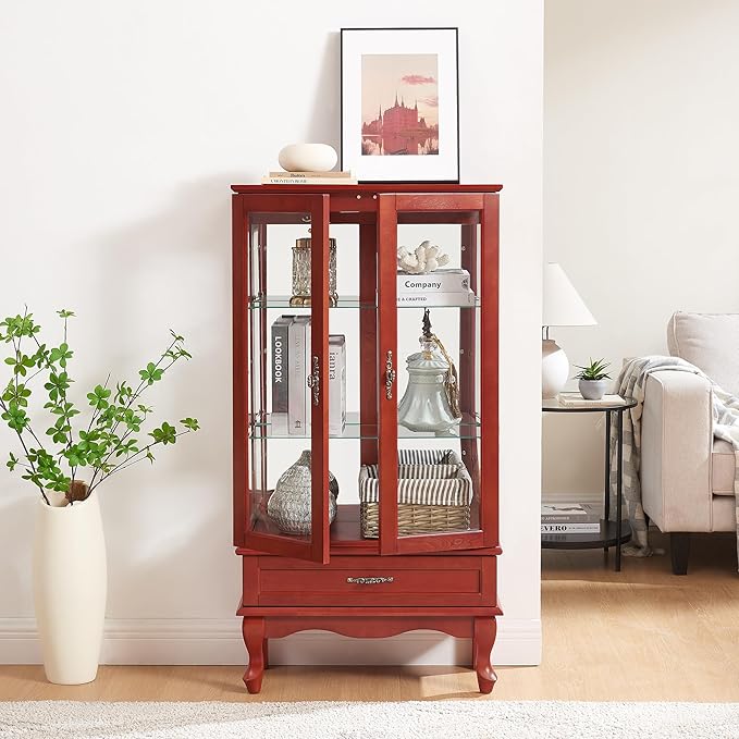 49" H Lighted Curio Cabinet Display Case, Glass Curio Cabinet with Adjustable Shelves,Tempered Glass Door and Drawer, Wooden Cabinets w/Mirrored Back Pane for Living Room (Cherry)