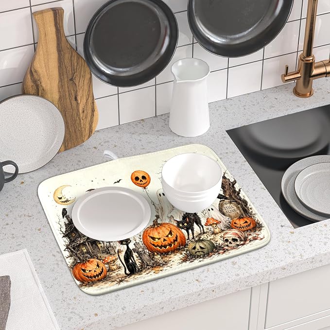 Giwawa Halloween Pumpkin Ghost Dish Drying Mat Black Cat Microfiber Dishes Pad - Image 6