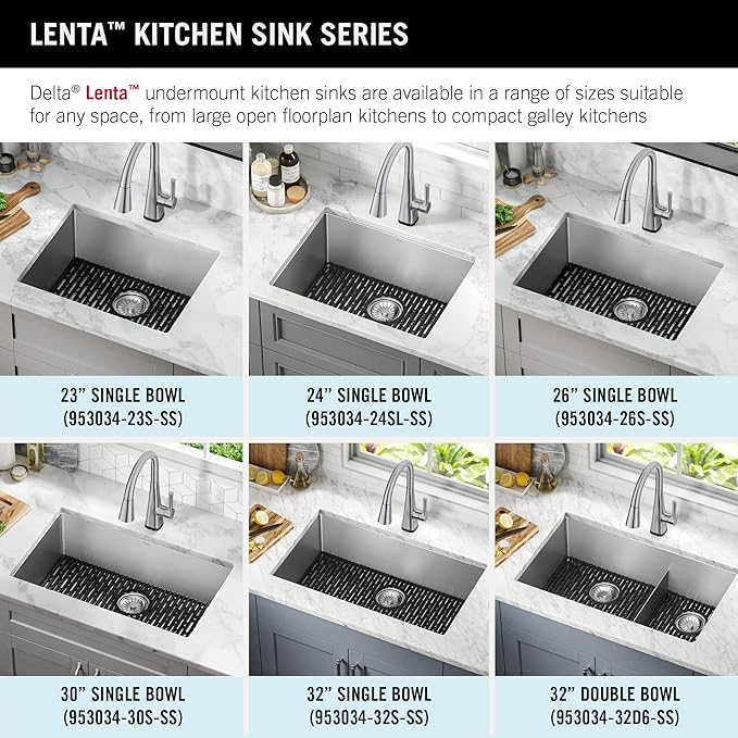 DELTA FAUCET Delta Lenta 32-inch Undermount 16 Gauge Stainless Steel Single Bowl Kitchen Sink with Accessories, 953034-32S-SS, Satin