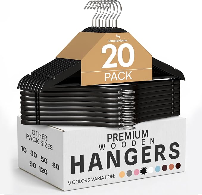 Utopia Home Wooden Hangers 20 Pack – Slim Suit Hangers Black | 360° rotatable by UTOPIAHOME