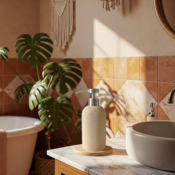 Sand Beige Soap Dispenser with Stainless Steel Pump, 11oz | Luxury Farmhouse - Image 2
