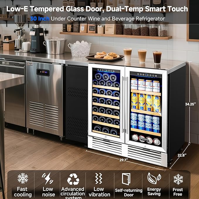 BODEGACOOLER Wine and Beverage Refrigerator,30 Inch Under Counter Commercial Beverage Refrigerator, Large Capacity Back Bar Cooler With 2 Glass Doors,LED Lighting Display Beer Wine Soda Drinks.