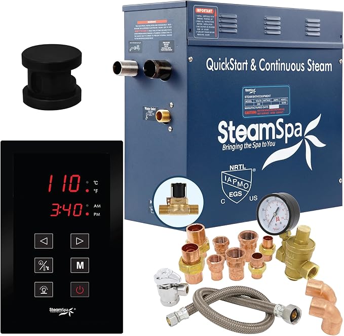 SteamSpa Premium 6 KW QuickStart Acu-Steam Bath Generator Package with Built-in Auto Drain in Matte Black Finish|Touch Panel Control System|PRT600MB-A