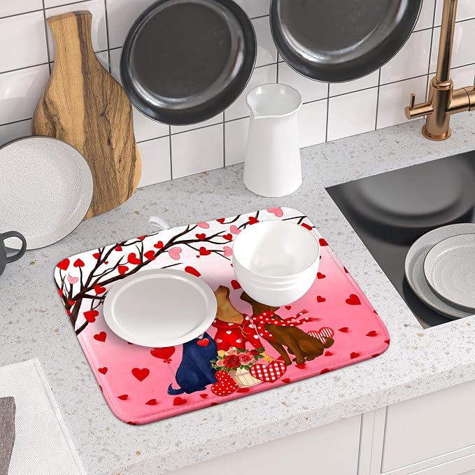 Love Dog Dish Drying Mat 16"x18" Red Heart Microfiber Dish Drainer Mat Hanging - Image 6