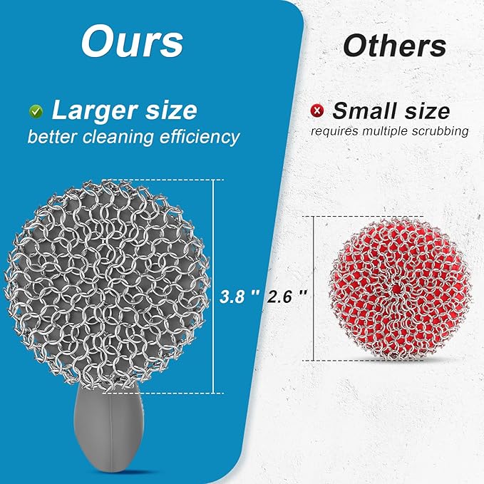 SUBEKYU Cast Iron Scrubber with Silicone Handle, Stainless Steel Cast Iron Skillet Cleaner Chainmail Scrubber for Pans, Grey