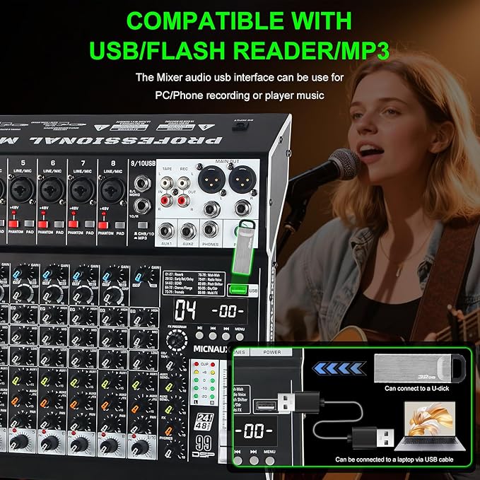 Audio Mixer 10 Channel Professional Sound Mixer Console with 99 DSP Effects, Mixing Board DJ Mixer w/USB, Bluetooth, 48V Power Supply, PAD Button for Recording Karaoke PA Drum Live Music