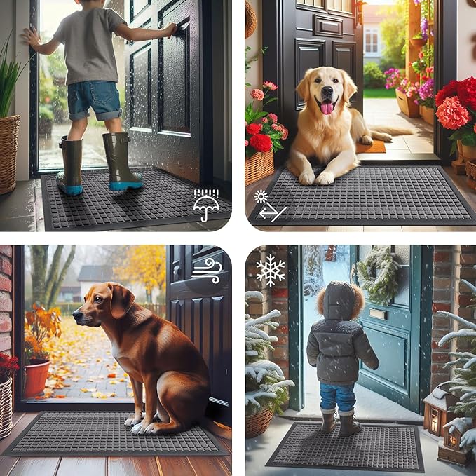 Smiry Front Door Mat Outside Entrance, Heavy Duty Natural Rubber Doormat, Non Slip, Trap Dirt and Moisture, Easy Clean, Low Profile Welcome Floor Mats for Indoor Outdoor Entry, 35x23 Inch, Mix Grey