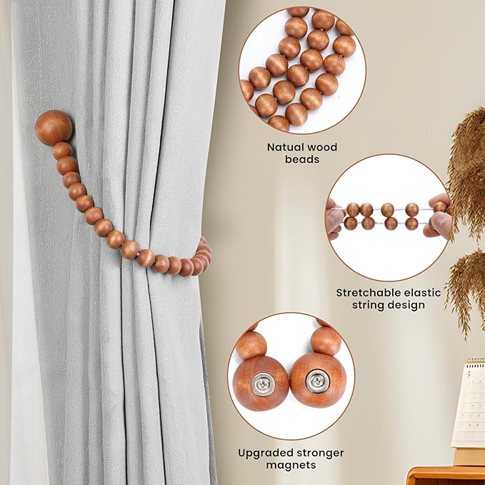 KLOGTSIND Magnetic Curtain Tiebacks, 6 Pack Wood Bead Curtain Holdbacks - Image 5