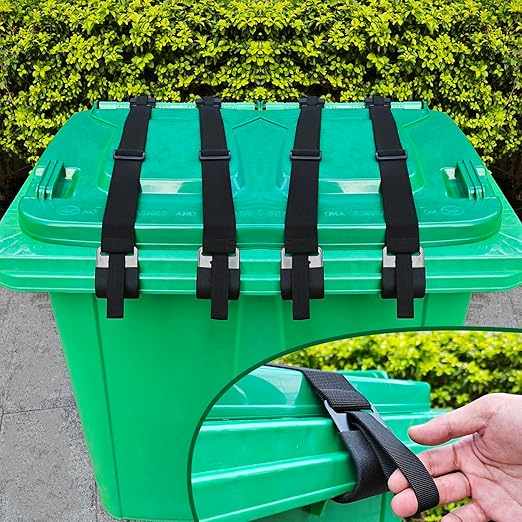 GripHandle Metal Double-Claw Trash Can Lid Lock Strap for Animals,Bungee Cord with Hooks for Trash Bin Garbage Pail,Outdoor Outside Trash Lid Holder to Keep Raccoons out,Fits 20-96 Gallon Cans - 4Pcs