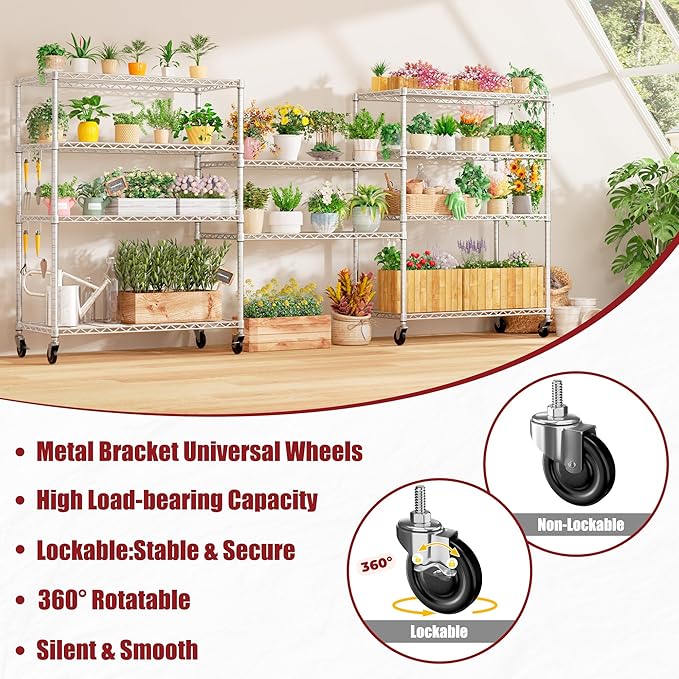 PrimeZone 5 Tier 48" Wx24''Dx81''H Wire Shelving with Wheels 3000lbs NSF Certified Storage Shelves Heavy Duty Metal Shelf Adjustable Rolling Rack Commercial Garage Restaurant Warehouse Kitchen Chrome