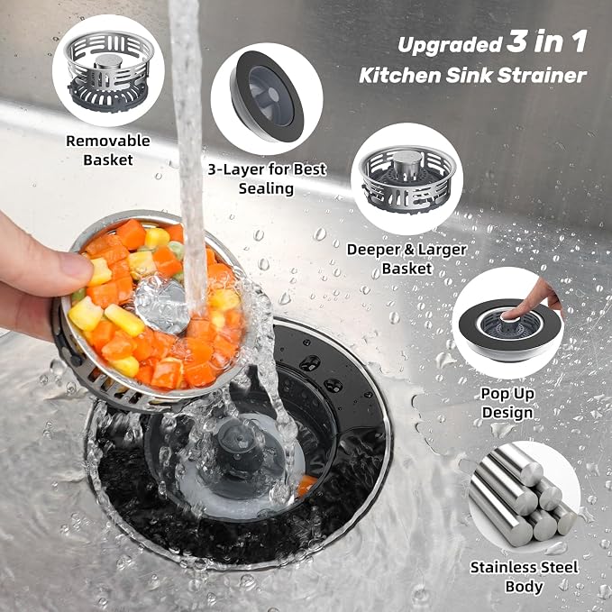 Hibbent 3 in 1 Kitchen Sink Drain Strainer, Stainless Steel Pop Up Stopper - Image 2