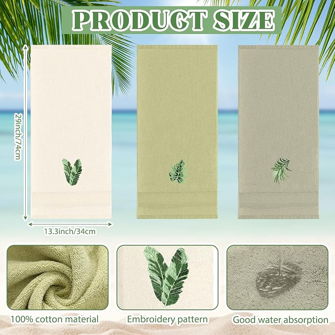 3 Pcs Sage Green Hand Towels Tropical Bathroom Kitchen Decor | Embroidered - Image 2