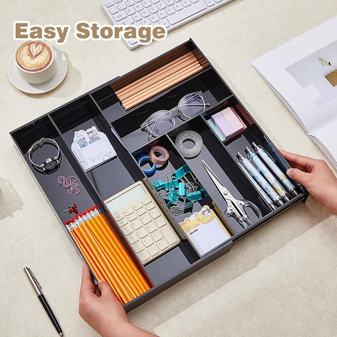 Briwooody Black Acrylic Drawer Organizer Expandable, 7 Compartments, Large | - Image 5