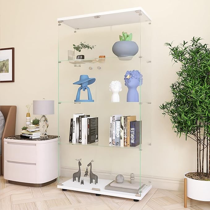 64.5" H 4-Shelf Glass Display Cabinet with Double Door,Modern Curio Cabinet Collection Display Case,Floor Standing Bookshelf Glass Display Case with Lock for Living Room Bedroom (White)