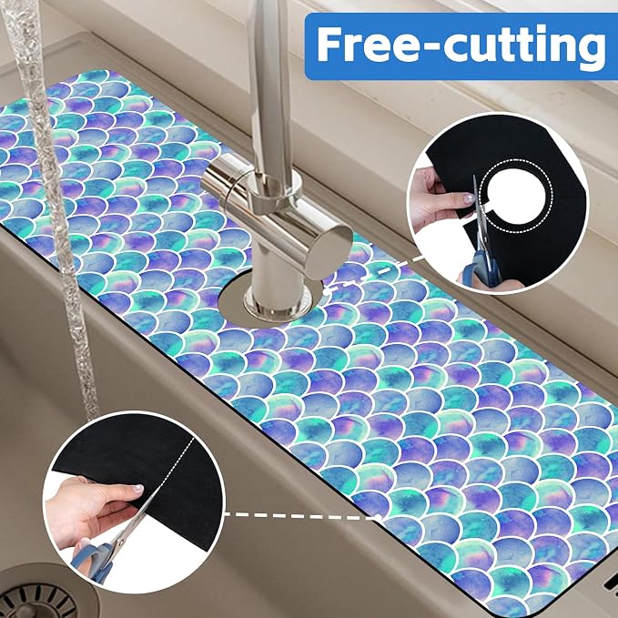 Watercolor Rainbow Scales Sink Faucet Absorbing Mat Sink Splash Guard Faucet - Image 7