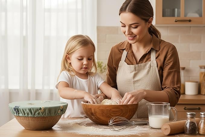 Reusable Bowl Covers (Set of 4) - Breathable Cotton Linen Sourdough Accessories - Elastic Durable Fabric Food Lids for Proofing Baskets & Bread Baking Supplies (Sage Green)