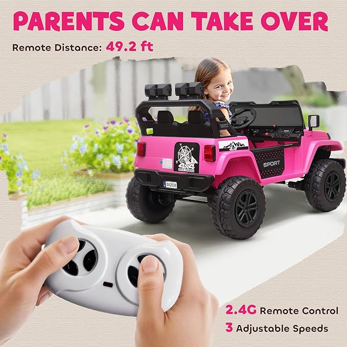Qaba 24V 2-Seater Kids Ride on Truck Car, 44-50" L Adjustable 4WD Electric Car, 5 MPH Max Speed, Remote Control, Spring Suspension, Storage and LED Lights for Kids Ages 37-95 Months, Pink