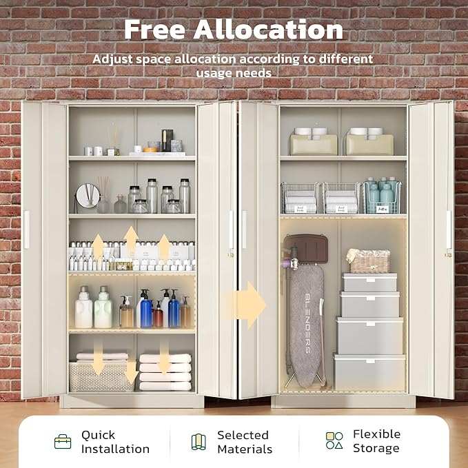 Greenvelly Metal Garage Storage Cabinet with 2 Doors and 4 Adjustable Shelves, 72”H Steel Lockable Storage Cabinet,Tall Metal Cabinet Locking File Cabinet for Office,Home, Garage, Gym, School