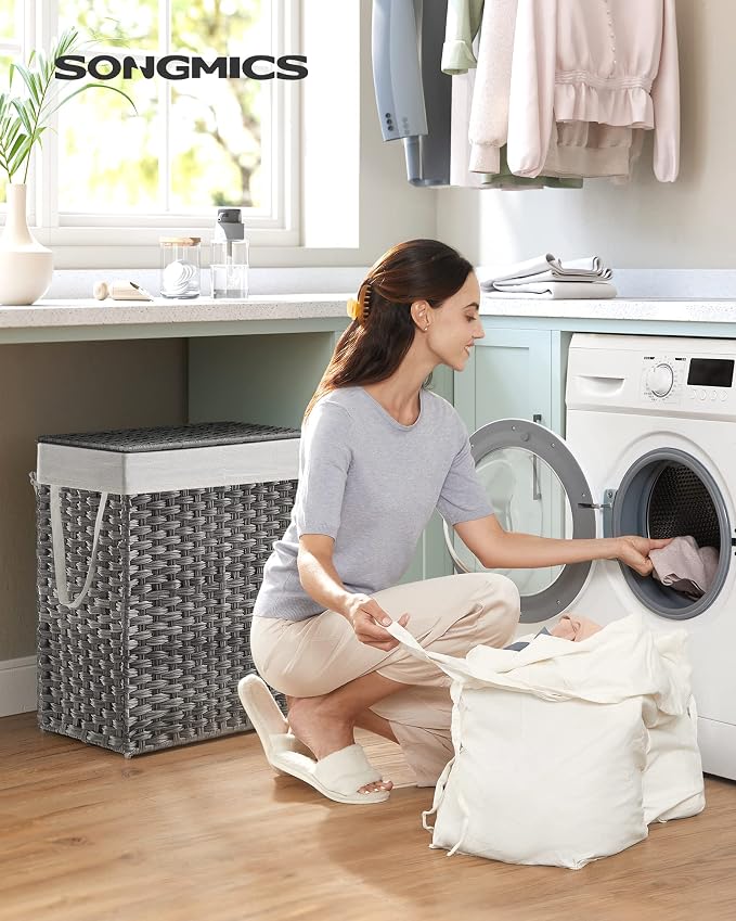 SONGMICS Laundry Hamper with Lid, 90L Double Wicker Basket, 6 Mesh Bags - Image 2