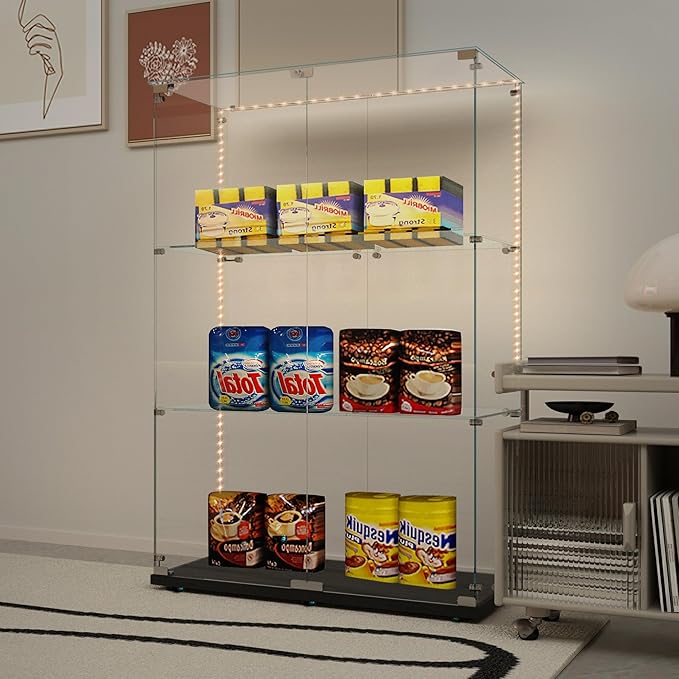 Yoluckea 3 Tiers Glass Display Cabinet with Bluetooth LED Light Strip, 2 Doors Floor Standing Curio Cabinet with Universal Wheel for Home, Black Glass Bookshelf for Collections, Clear Top