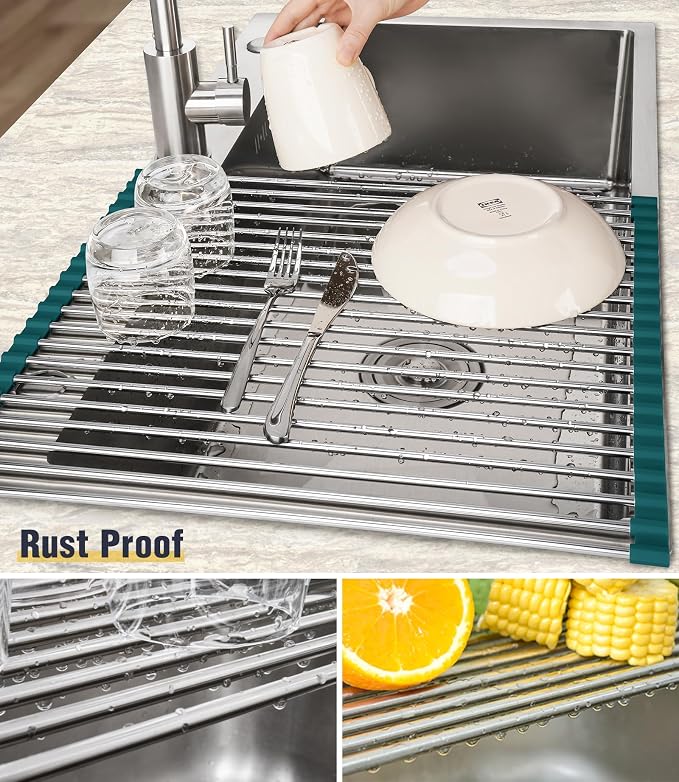 Tomorotec Roll Up Dish Drying Rack Over Sink, 304 Steel, Dark Green | Anti-Slip - Image 2