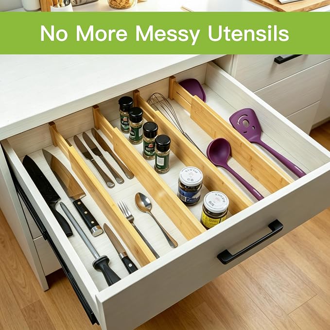 Utoplike Kitchen Drawer Divider, Expandable Bamboo Drawers Organizer 3.2" H | - Image 2