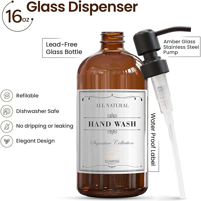 Sunrise Premium Amber Glass Soap Dispenser, Matte Black Pump, 16 oz | Amber - Image 2
