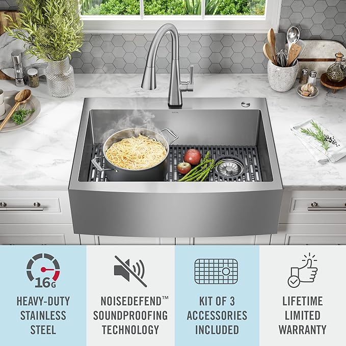 DELTA FAUCET Delta Lenta 33-inch Retrofit Farmhouse Apron Front 16 Gauge Stainless Steel Single Bowl Kitchen Sink for Undermount/Drop-In Installation with Accessories, 95J132-T33S-SS