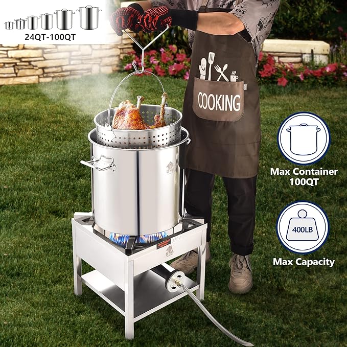ARC Stainless Steel Single Burner Propane Stove, 200,000BTU High-Pressure Heavy-Duty Propane Burner Cooker, Burners for Outdoor Cooking For Turkey Fry, Seafood Boil (16.5"x16.5" Cooking Surface)