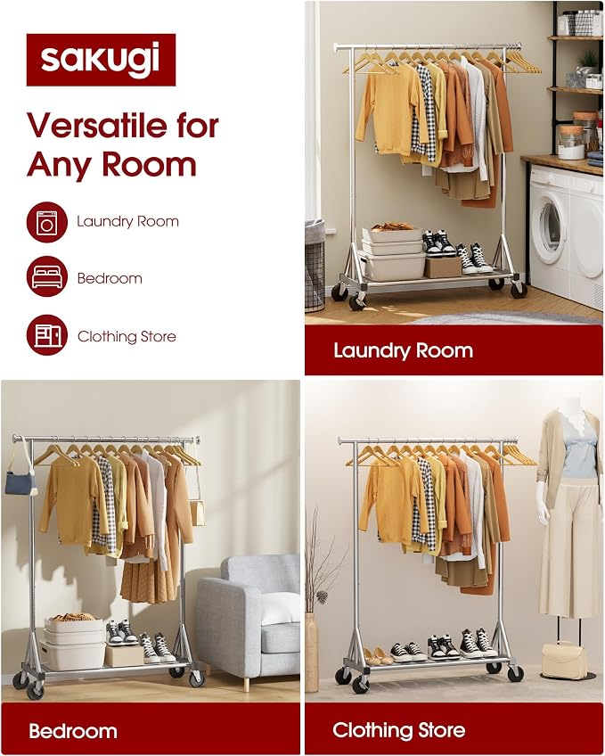 Sakugi Heavy Duty Stainless Steel Rolling Clothes Rack - Image 2