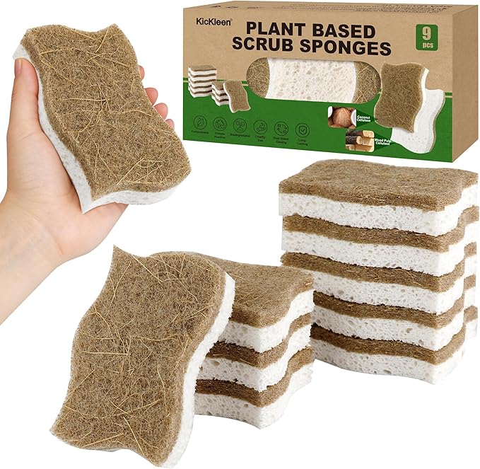 9 Pack Biodegradable Natural Dish Kitchen Sponges | Compostable Cellulose and by KICKLEEN